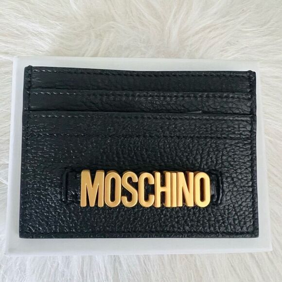 MOSCHINO Logo Leather Card Case, Designer Italian Luxury Wallet, Black Gold, NWT - Picture 12 of 13